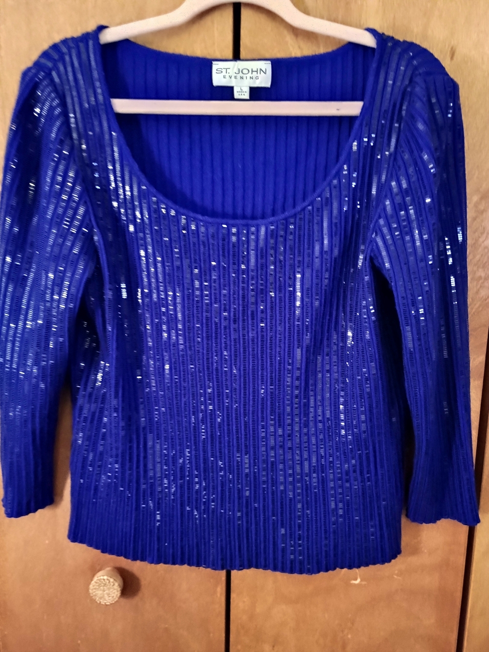 St. John Evening Royal Blue Sequin Ribbed Scoop Neck Sweater Size L 3/4 Sleeve